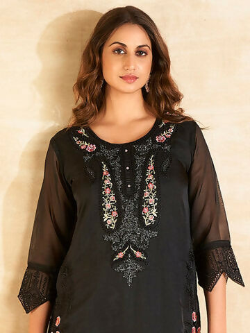 Women's Black Embroidered Straight Kurta Trousers With Dupatta set