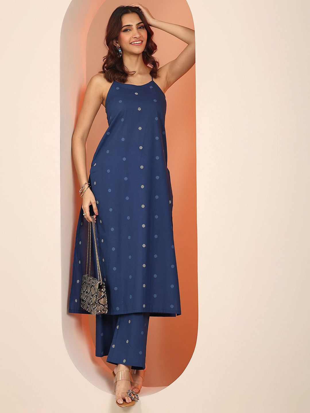 Geometric Printed Shoulder Straps Straight Kurta With Trouser