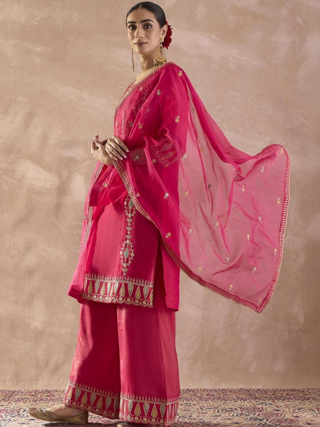 Dhiyona IE Women Ethnic Motifs Embroidered Regular Sequinned Kurta with Palazzos & With Dupatta