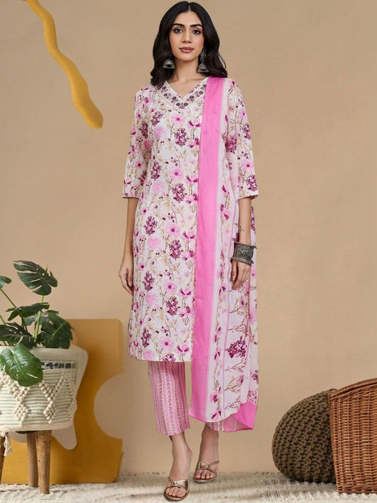 Women Floral Printed Regular Thread Work Pure Cotton Kurta with Trousers & With Dupatta