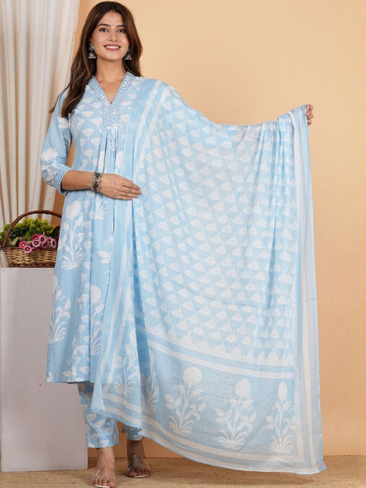 Dhiyona KL Ethnic Motifs Printed V-Neck Kurta With Trousers & Dupatta