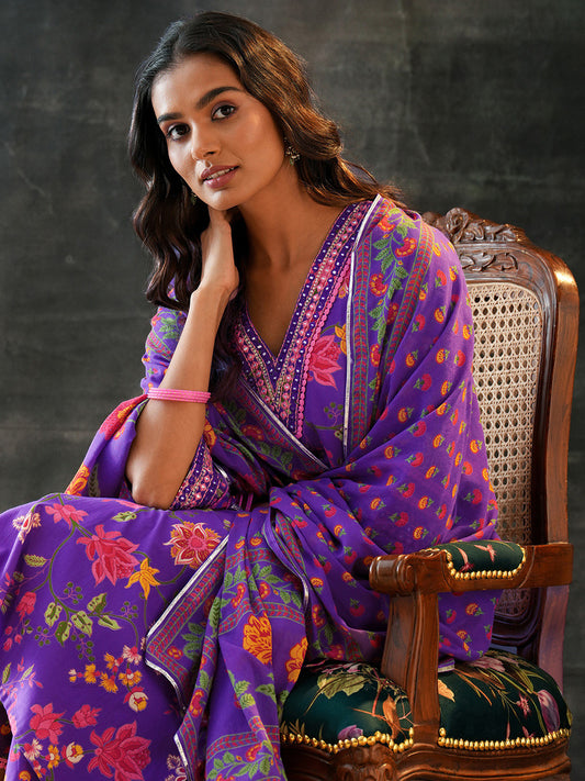 Floral Printed V-Neck Straight Kurta With Trouser & Dupatta