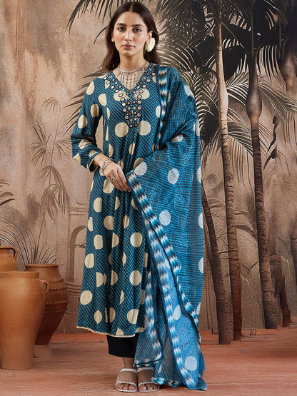 Leheriya Printed V-Neck Mirror Work A-Line Kurta With Trousers And Dupatta