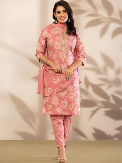 Women Floral Printed Regular Thread Work Pure Cotton Kurta with Trousers & With Dupatta