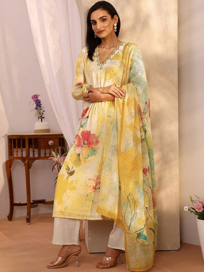 Women Floral Printed Regular Thread Work Linen Kurta with Trousers & With Dupatta