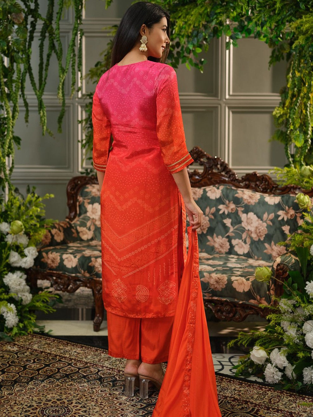 Bandhani Printed Tie-Up Neck Sequinned Straight Kurta With Trousers & Dupatta