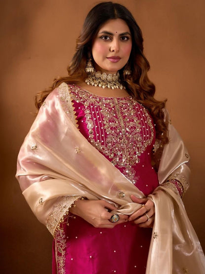 Dhiyona KL Ethnic Motifs Embroidered Round Neck Thread Work Kurta With Sharara & Dupatta