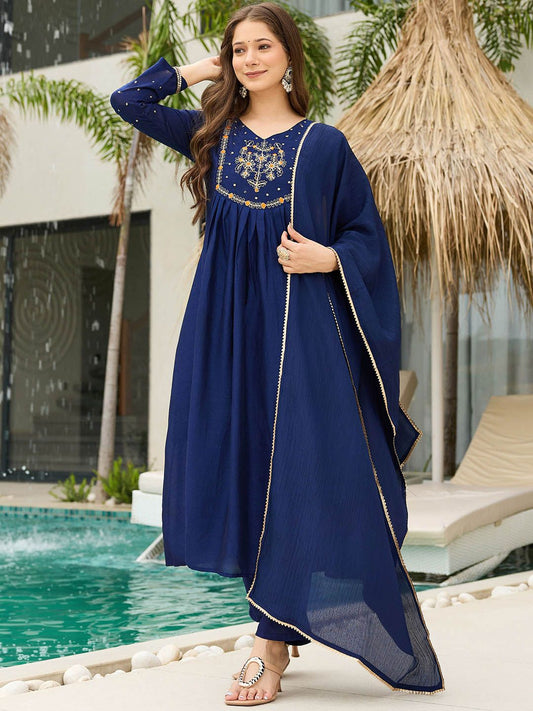 Dhiyona KL Women Woven Design Embroidered A-Line Kurta with Trousers & Dupatta