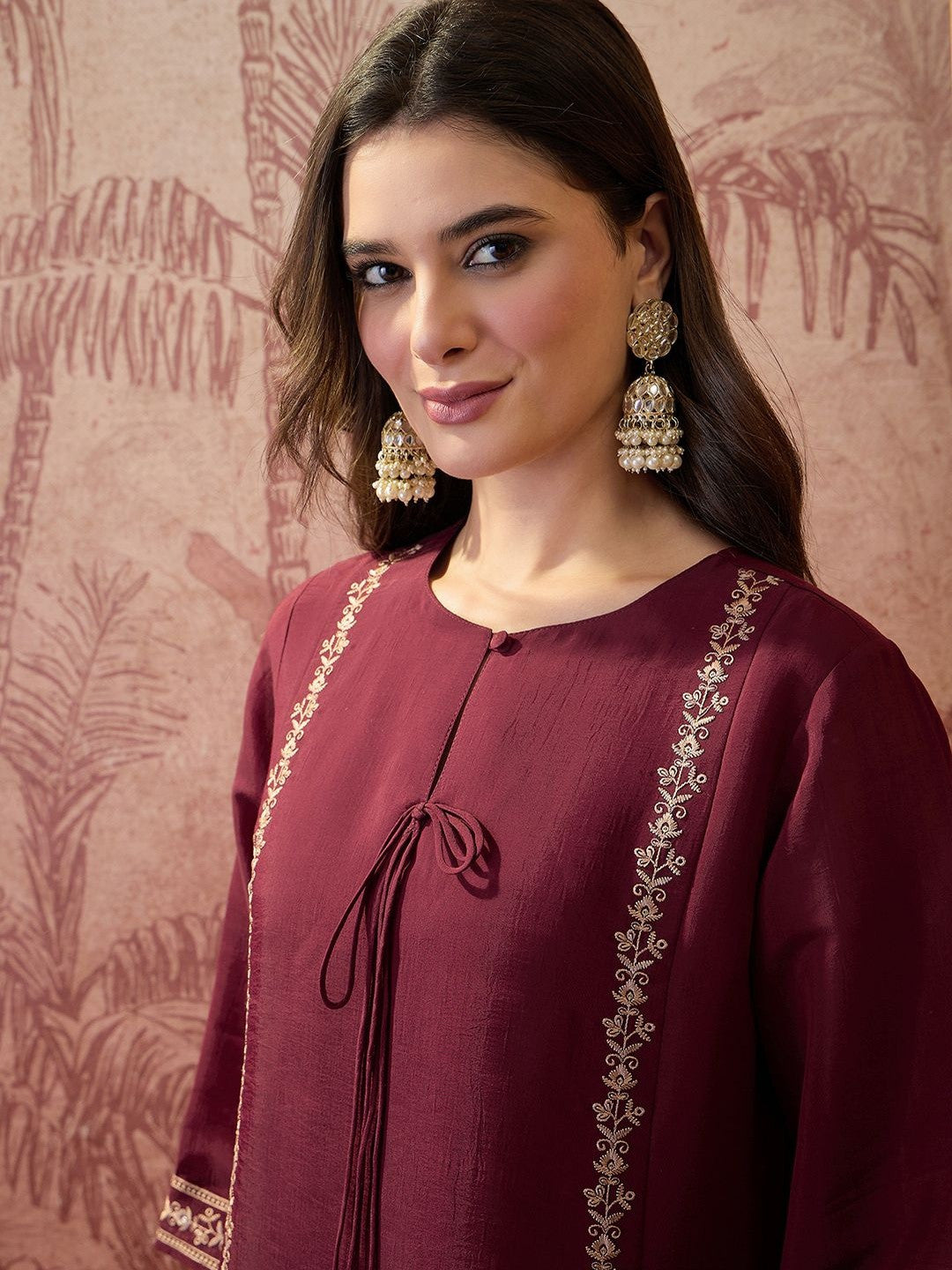 Embroidered Round-Neck Kurta & Harem Pants