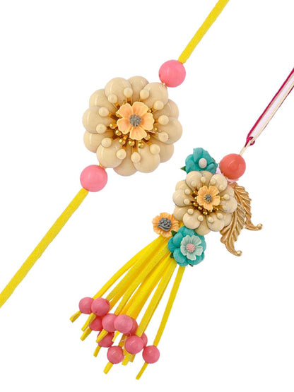 Dhiyona Yellow Beaded Bhaiya Bhabhi Rakhi With Roli Chawal & Greeting Card