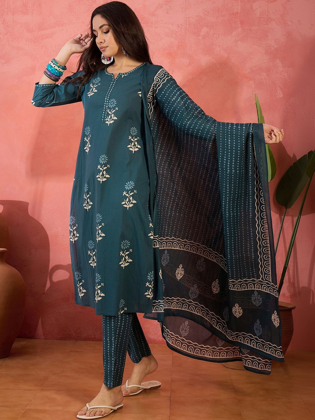 Printed Pure Cotton Round Neck Kurta & Trousers Kurta Set