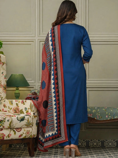 Women Ethnic Embroidered Regular Pure Cotton Kurta with Trousers & With Dupatta