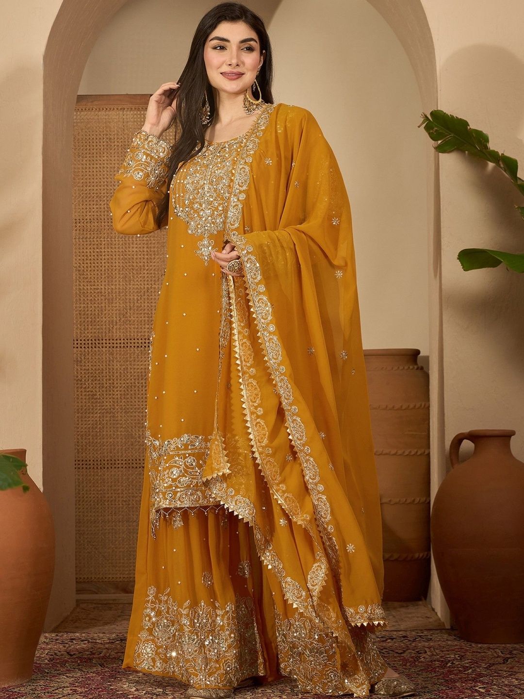 Dhiyona SN Women Ethnic Motifs Embroidered Regular Kurta with Sharara & With Dupatta