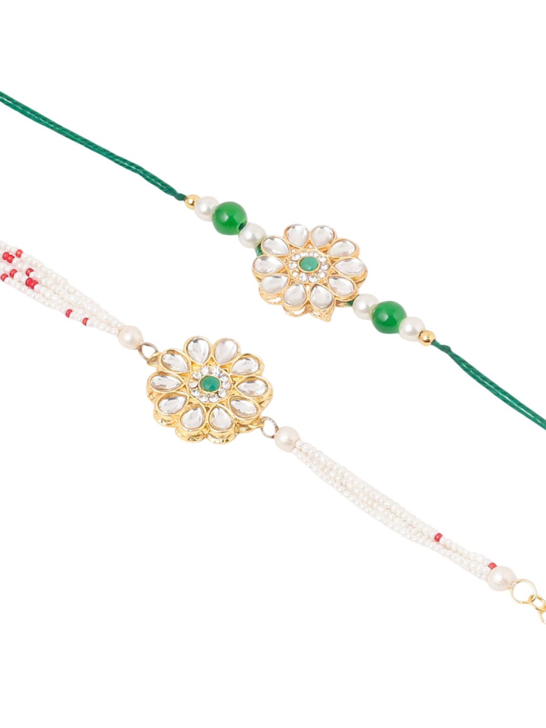 Dhiyona Set Of 2 Kundan Floral Design Gold Toned Bhaiya Bhabhi Rakhi Set With Roli Chawal