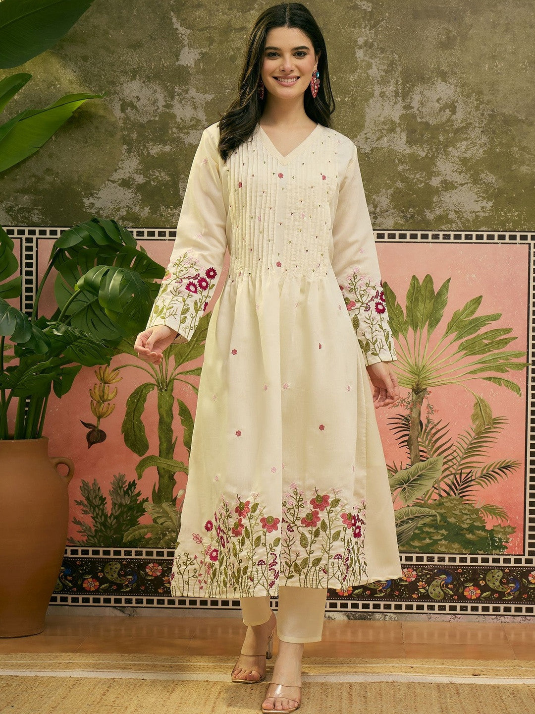 Embroidered V-Neck Kurta & Trousers with Dupatta Set