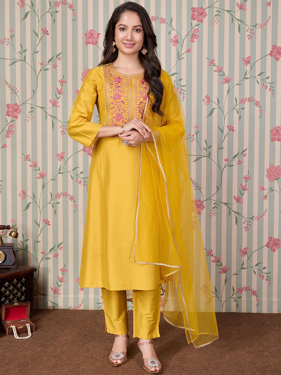 Dhiyona OD  Floral Embroidered A Line Kurta with Trousers & With Dupatta