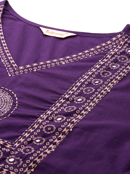 Dhiyona Women's Ethnic Motifs Print Mirror Work Pure Cotton Kurta with Palazzos & Dupatta