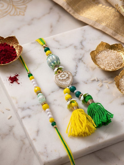 Dhiyona Set Of 2 Green & Yellow Beaded Heart Shape Bhaiya Bhabhi Rakhi With Roli Chawal