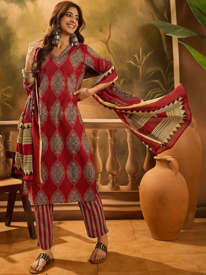 Printed Pure Cotton V-Neck Kurta & Trousers Kurta Sets