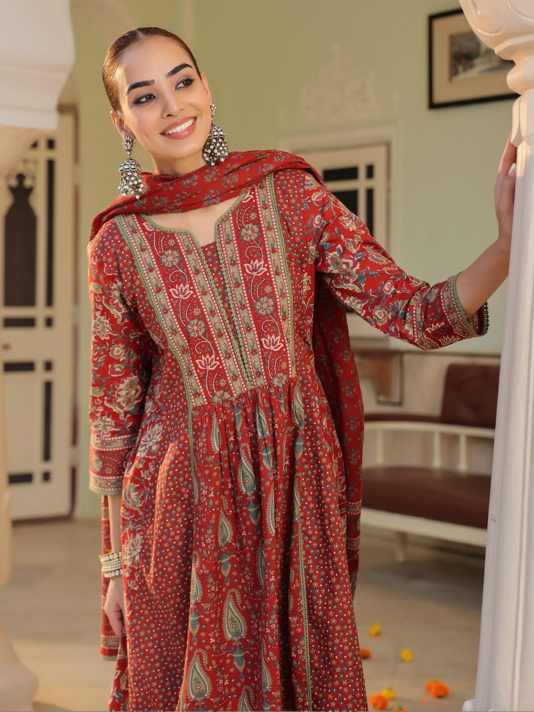 Dhiyona RR Women's Ethnic Motifs Printed Pleated Pure Cotton Kurta with Trousers & With Dupatta