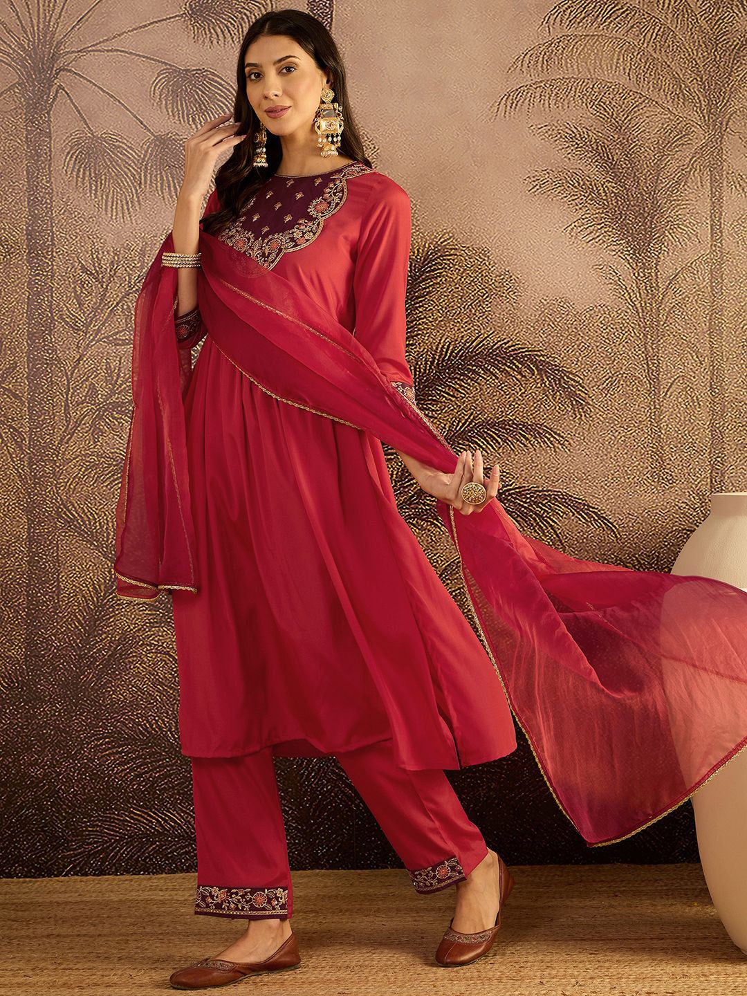 Floral Embroidered Sequinned Thread Work Kurta With Trousers & Dupatta