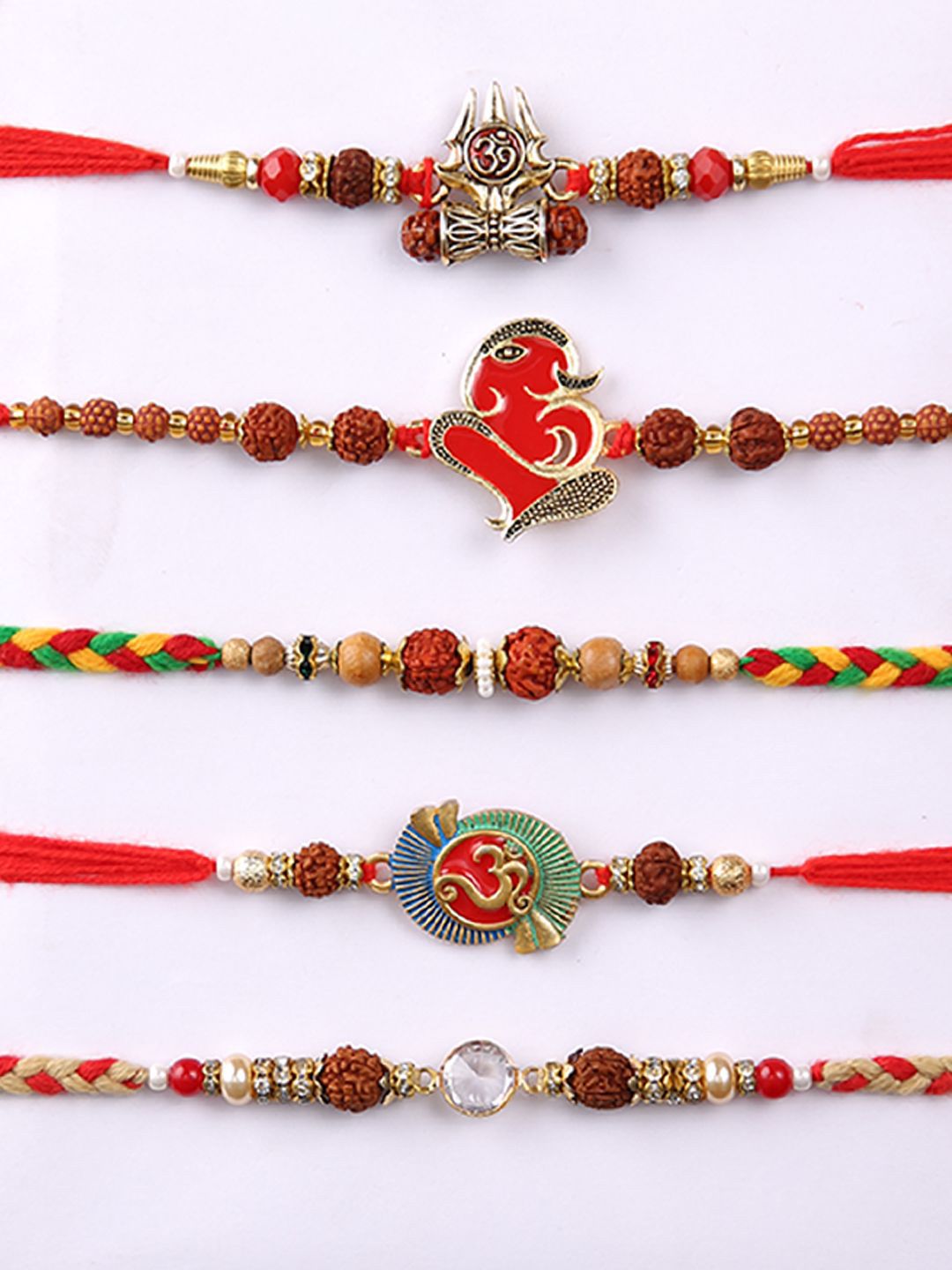 Dhiyona Set Of 5 Rudraksh & Swastik Beaded Thread Rakhi With Roli Chawal & Greetings Card