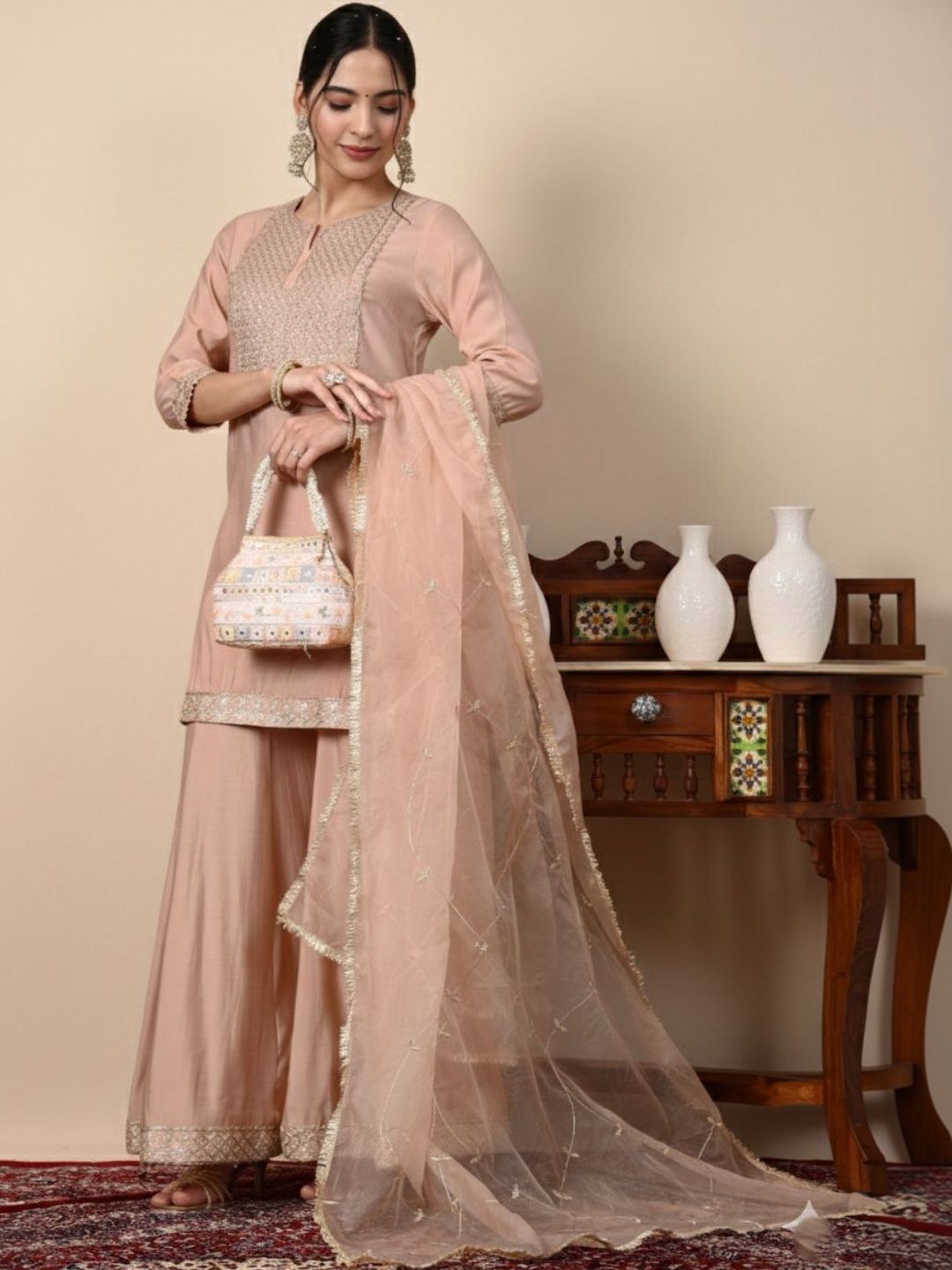 Dhiyona HOP Embroidered Round Neck Kurti & Sharara With Dupatta