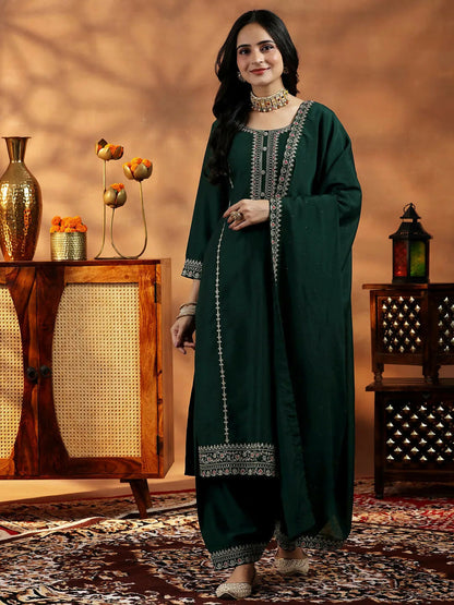 Women's LB Green Embroidered Silk Blend Straight Suit With Dupatta