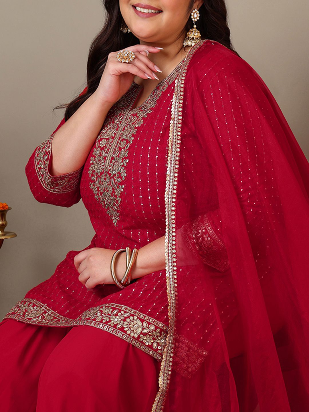 Dhiyona IN Women Ethnic Motifs Embroidered Regular Kurta with Sharara & With Dupatta