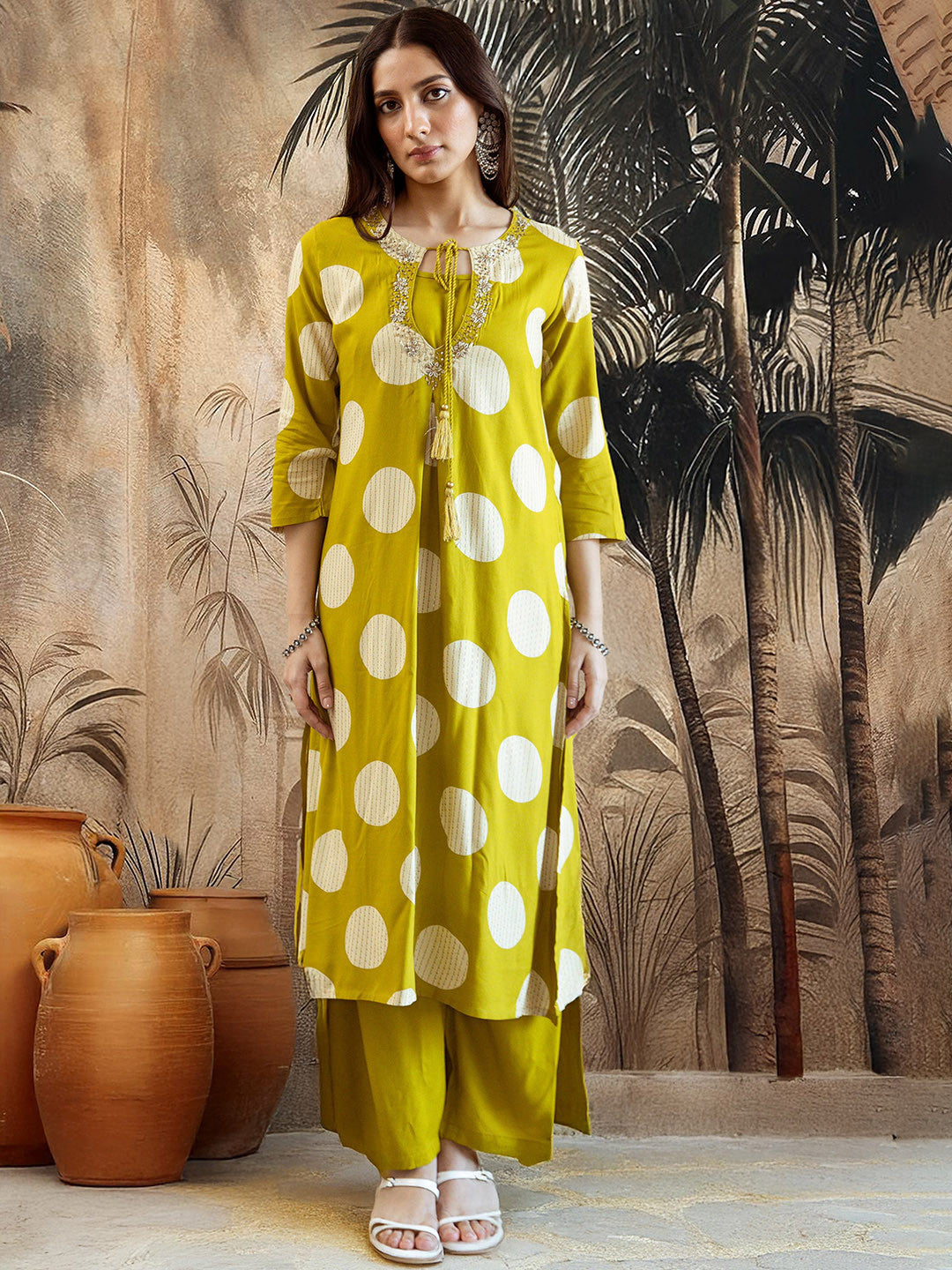 Geometric Printed Sequinned Tie-Up Neck Kurta & Palazzos