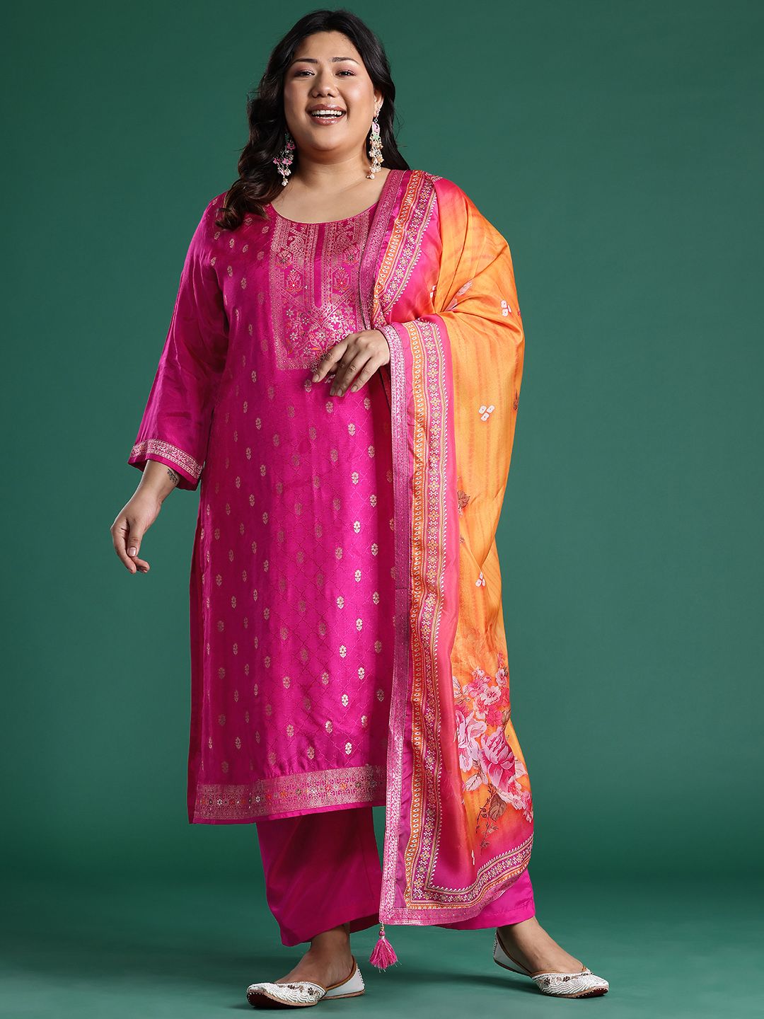 Dhiyona Women's Plus Size Woven Design Kurta with Palazzos & Dupatta