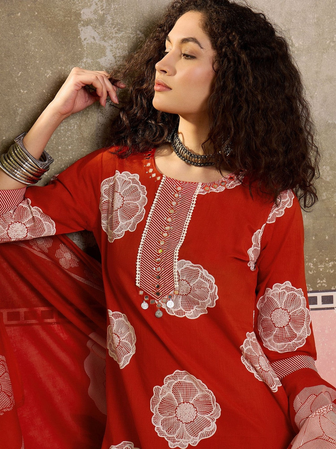 Printed Cotton Round Neck Kurta & Trousers With Dupatta