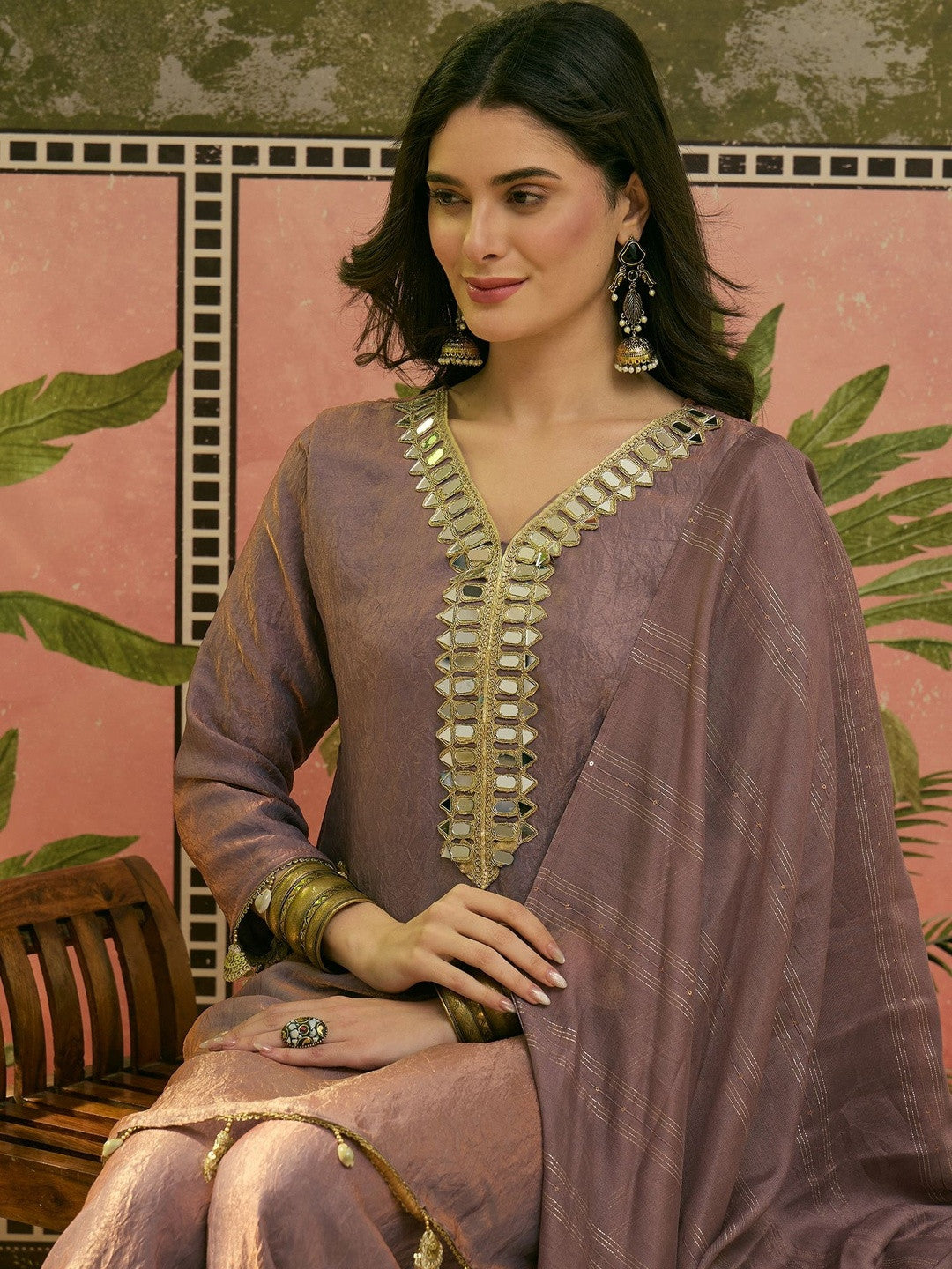 Embroidered V-Neck Kurta Palazzos & Dupatta