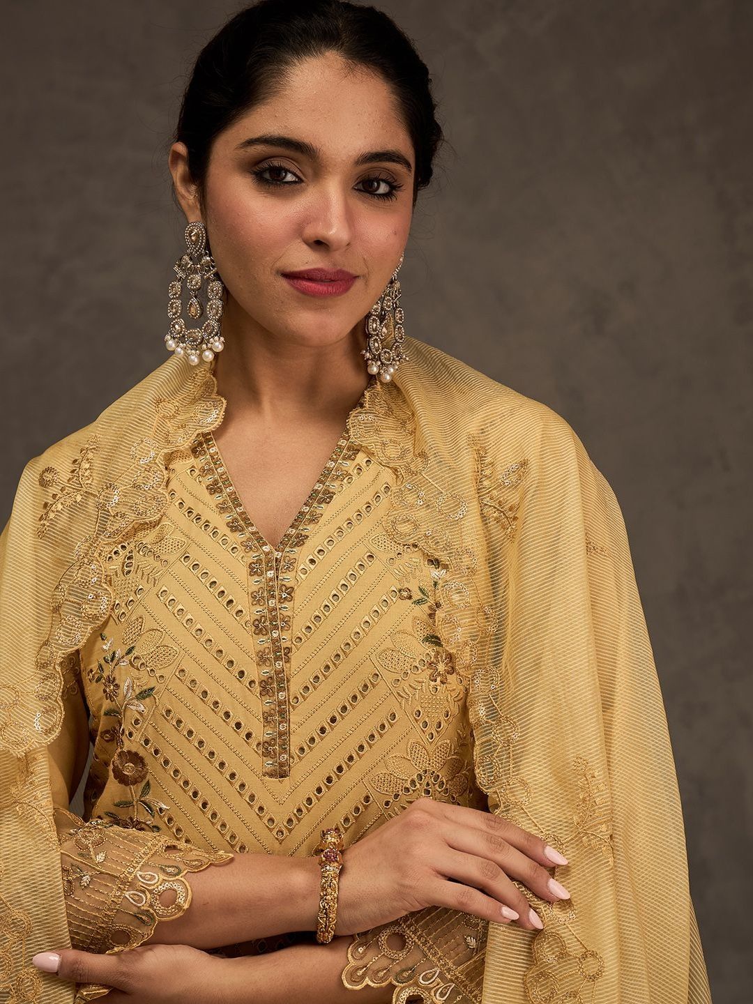 Dhiyona IE Women Ethnic Motifs Embroidered Cotton Kurta with Trousers & Dupatta