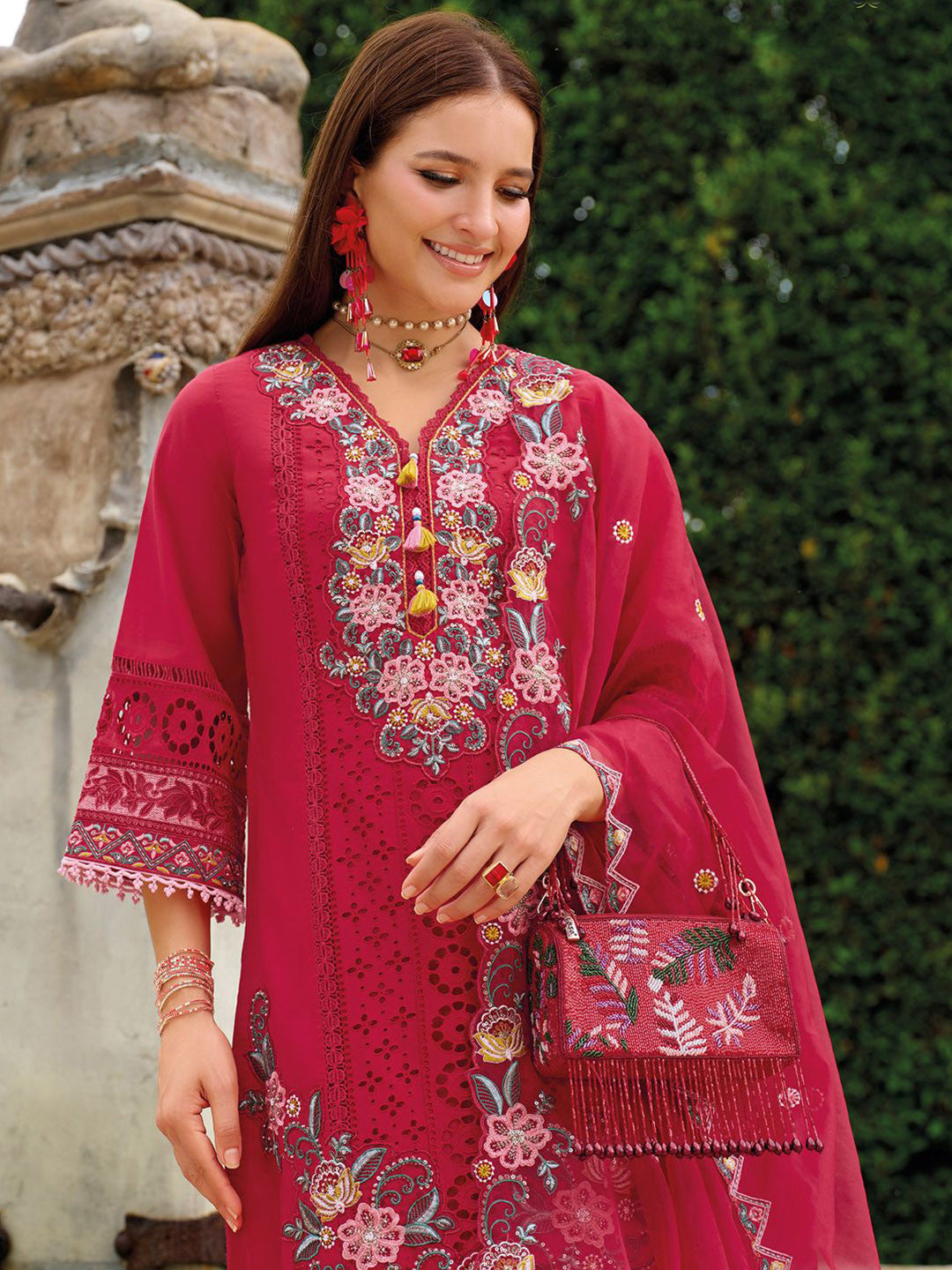 Floral Embroidered Regular Sequinned Kurta With Trousers & Dupatta