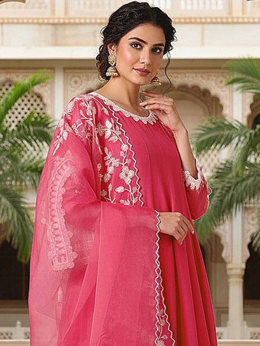 Dhiyona KL Embroidered Empire Thread Work Kurta with Trousers & Dupatta