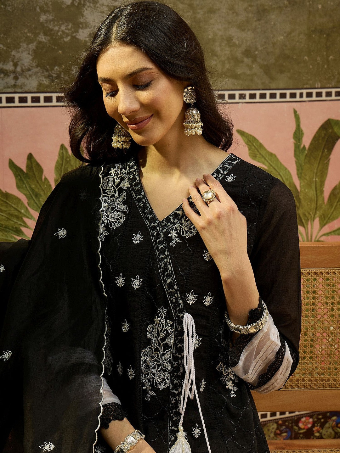 Embroidered Pure Cotton V-Neck Kurti & Trousers