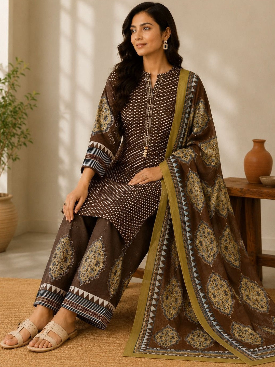 Women Ethnic Motifs Printed Regular Mirror Work Pure Cotton Kurta with Palazzos & With Dupatta