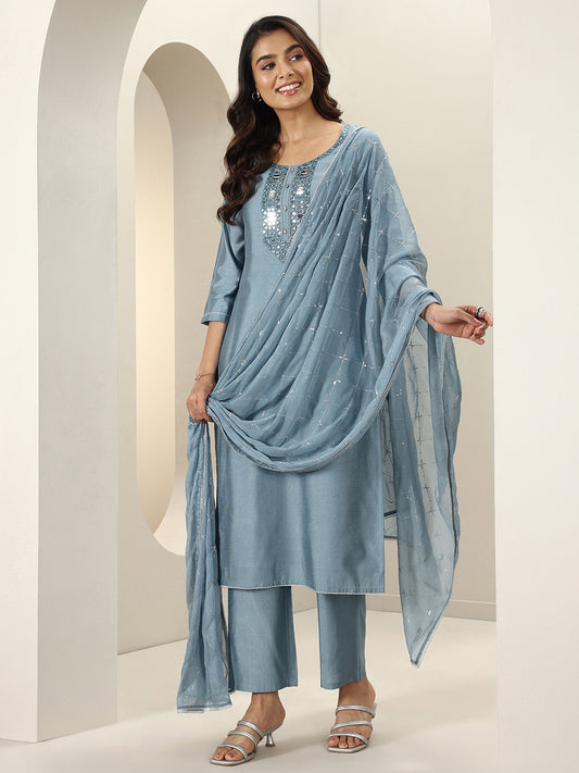 Women Yoke Design Regular Mirror Work Kurta with Trousers & With Dupatta