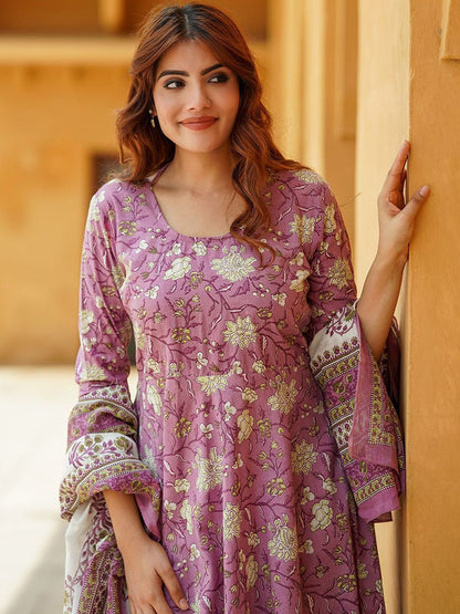 Dhiyona KL Floral Printed Pure Cotton Anarkali Kurta With Trousers & Dupatta