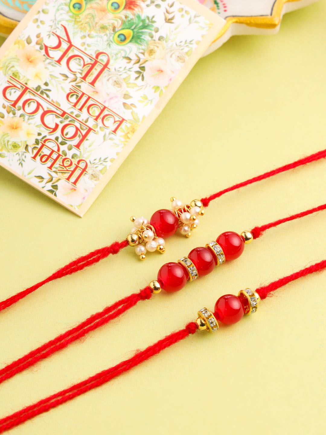 Dhiyona Men Set Of 3 Red Artificial Beads & Pearls Thread Rakhi