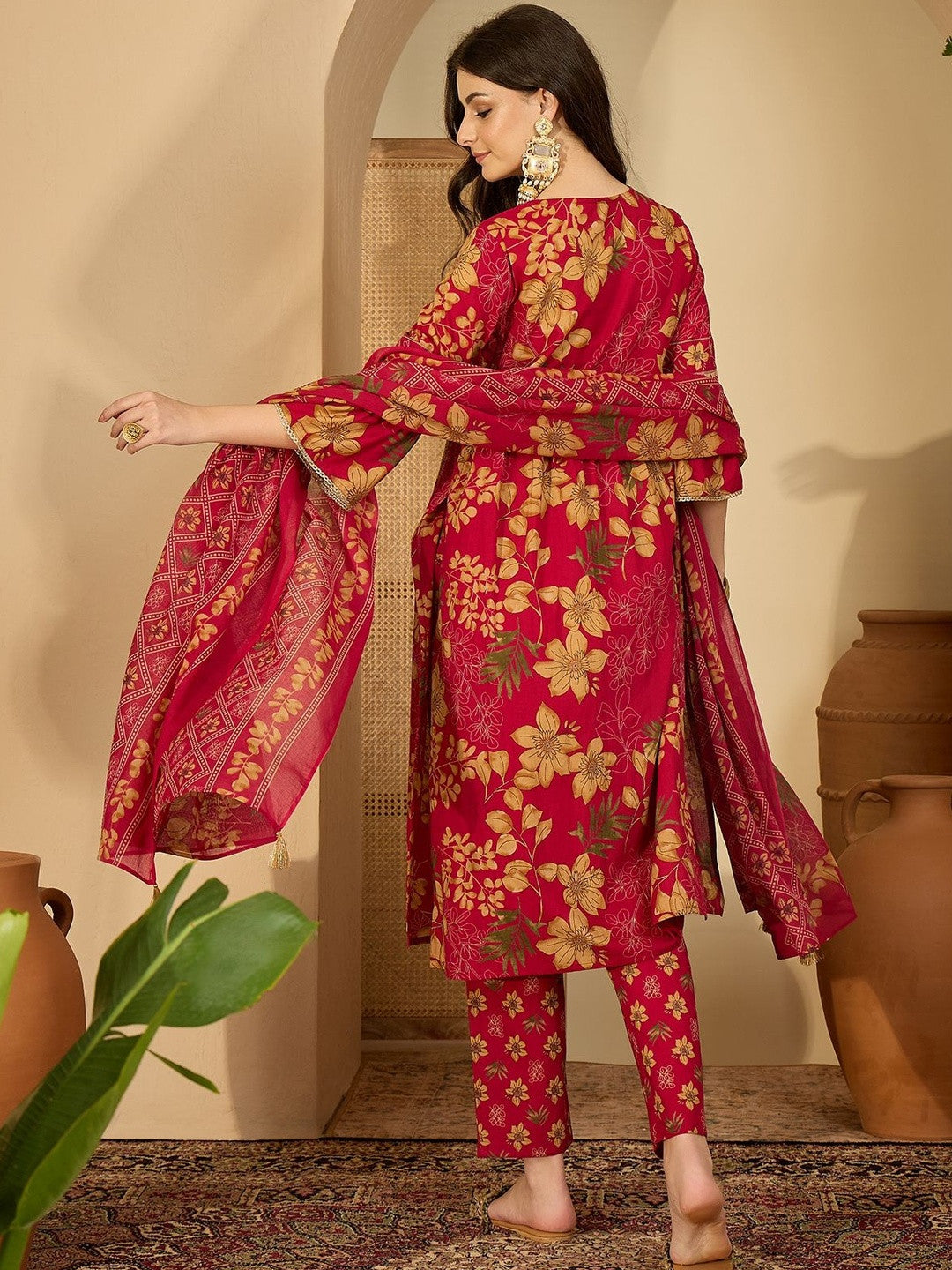 Women Printed Angrakha Thread Work Pure Cotton Kurta with Trousers & Dupatta