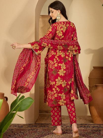 Women Printed Angrakha Thread Work Pure Cotton Kurta with Trousers & Dupatta