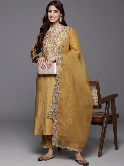 Dhiyona KL Women Ethnic Motifs Embroidered Regular Chanderi Silk Kurta with Palazzos & With Dupatta
