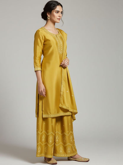 Dhiyona VA Women Ethnic Motifs Embroidered Regular Thread Work Silk Crepe Kurta with Palazzos & With Dupatta