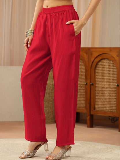Red Embellished Yoke A-Line Suit Set