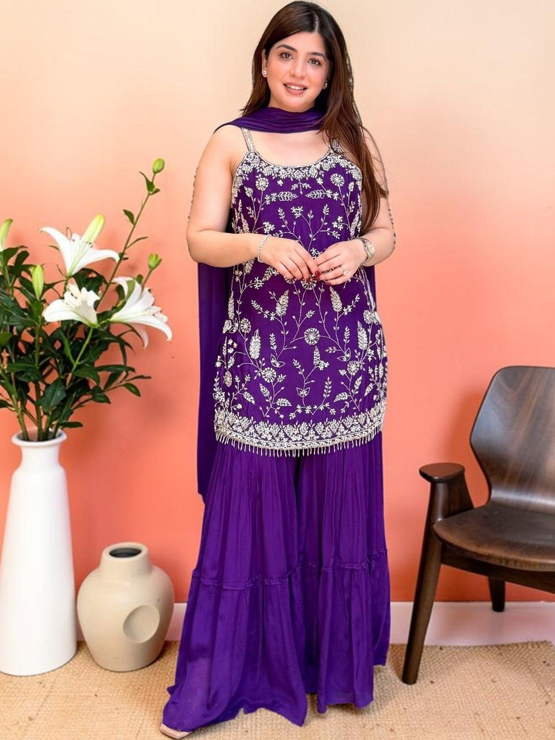 Women Floral Embroidered Regular Thread Work Silk Chiffon Kurta with Sharara & With Dupatta