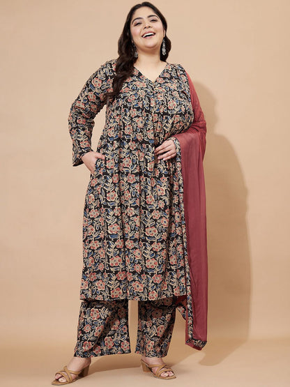 Dhiyona KL Floral Printed Pure Cotton A-line Kurta With Palazzos & Dupatta