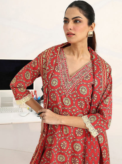 Women Ethnic Motifs Printed Regular Cotton Blend Kurta with Trousers & With Dupatta