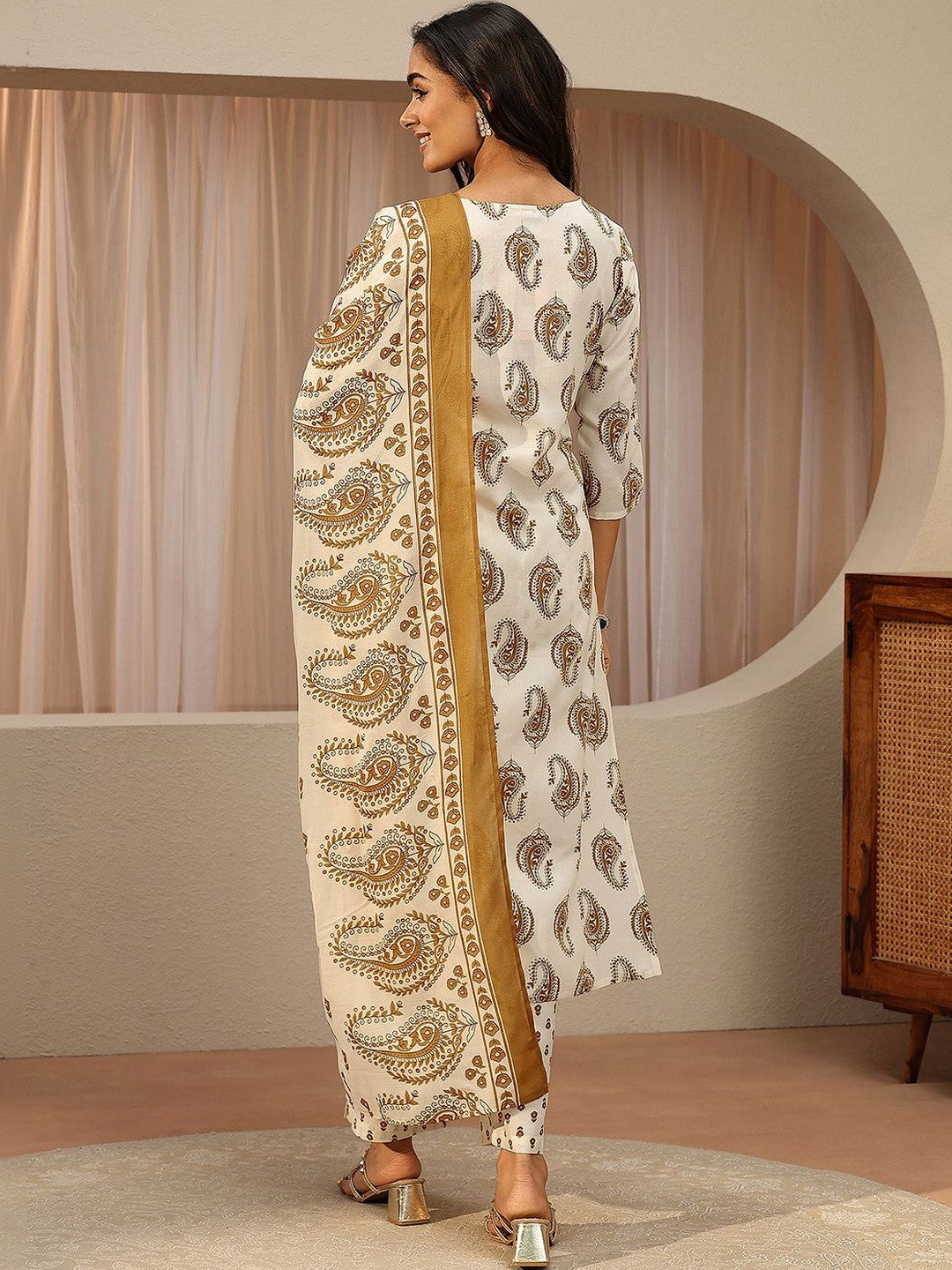 Off White Paisley Printed Cotton Blend Straight Suit Set